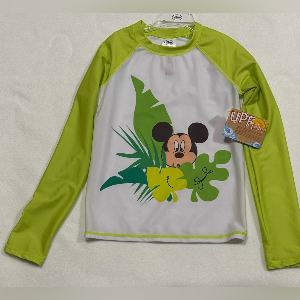 Disney Youth 9/10 Green & White Rashguard Swim Shirt UPF 50+ - NWT